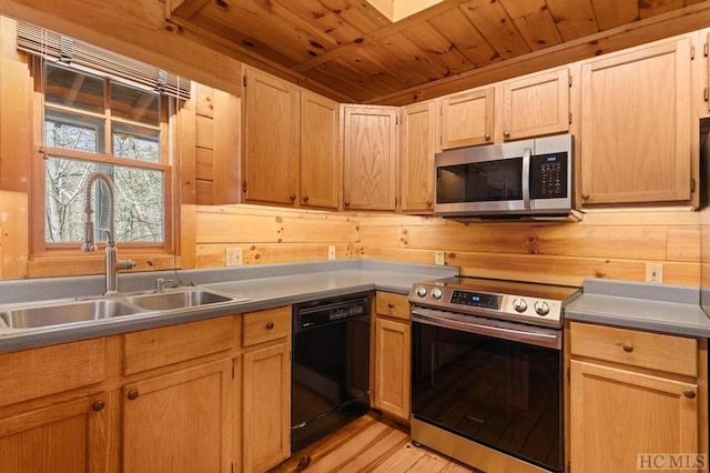 kitchen featuring sink, light brown cabinets, wooden walls, dishwasher, and electric stove