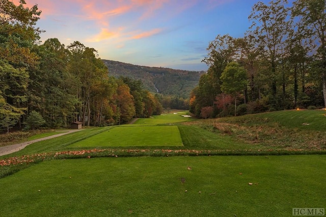 view of home's community featuring a mountain view and a lawn