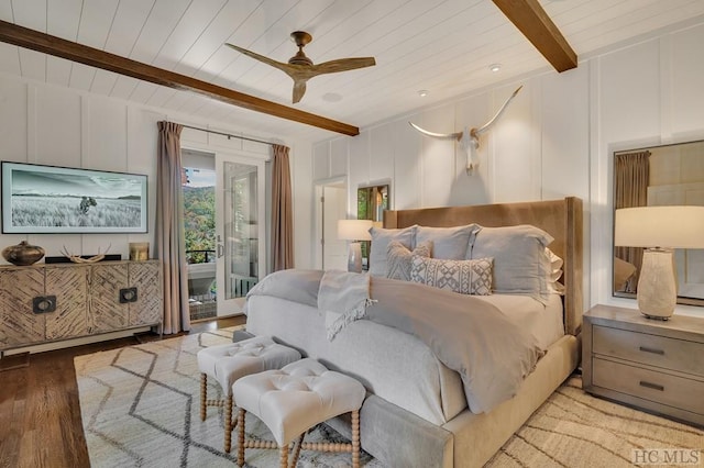 bedroom featuring beamed ceiling, access to outside, ceiling fan, wooden ceiling, and light wood-type flooring