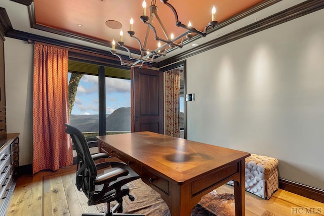 home office featuring crown molding, a mountain view, and light wood-type flooring