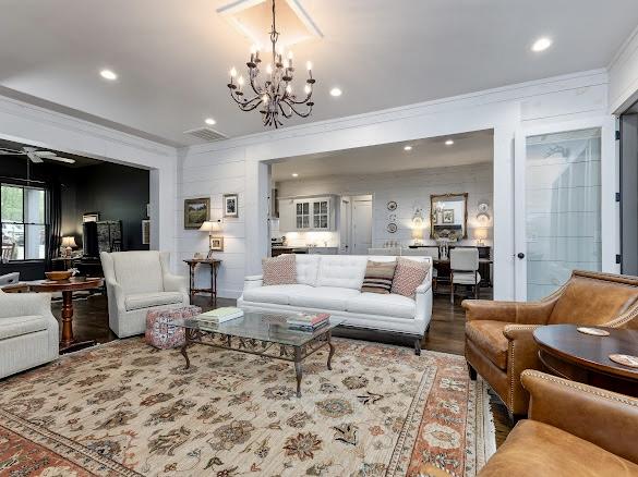 11 Feldspar Ln, Sapphire, NC 28774 - living area featuring ornamental molding, recessed lighting, a chandelier, and wood finished floors