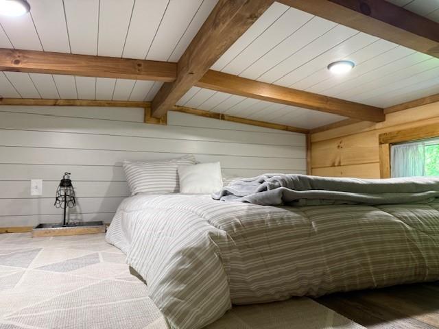 26 S Cumberland Dr, Lake Toxaway, NC 28747 - bedroom with beamed ceiling and wood walls