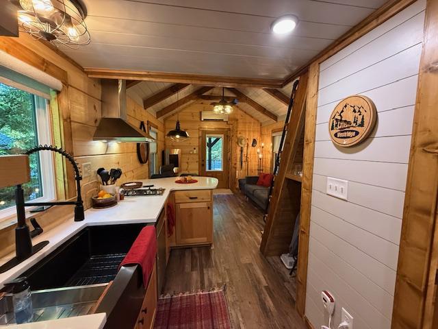 26 S Cumberland Dr, Lake Toxaway, NC 28747 - kitchen featuring wall chimney exhaust hood, dark wood-style flooring, wood walls, healthy amount of natural light, and a sink