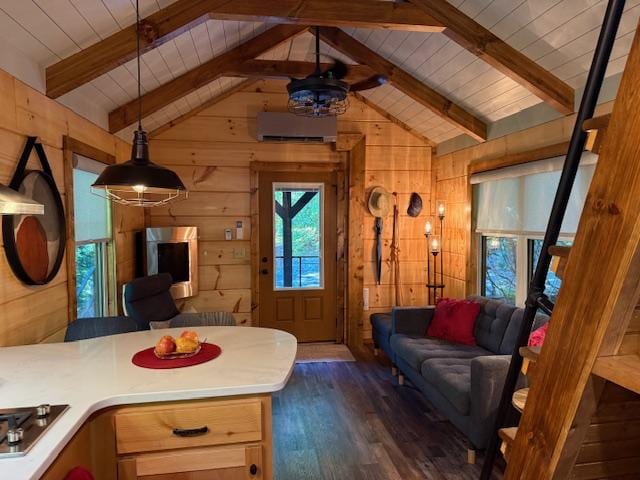26 S Cumberland Dr, Lake Toxaway, NC 28747 - living room featuring wood walls, dark wood finished floors, ceiling fan, wooden ceiling, and a wall mounted AC