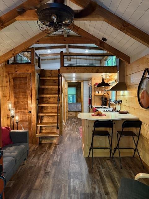 26 S Cumberland Dr, Lake Toxaway, NC 28747 - living area with wooden walls, ceiling fan, wooden ceiling, and dark wood-style flooring