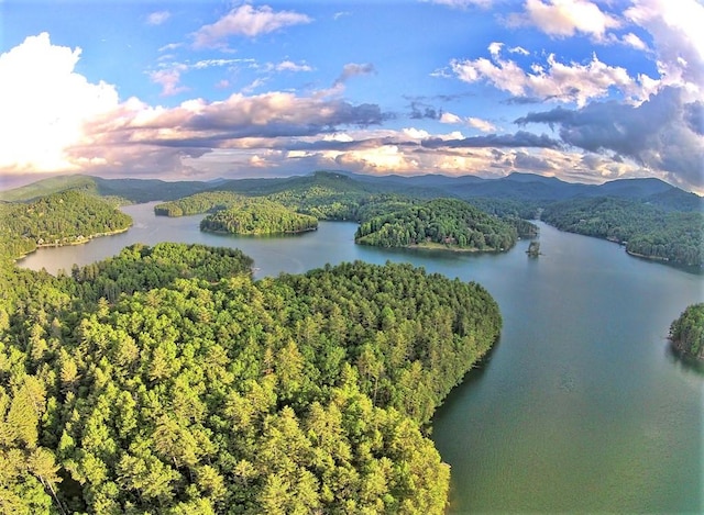 aerial view at dusk with a water and mountain view