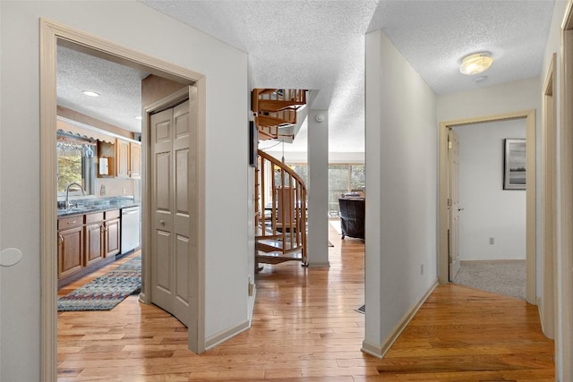 corridor featuring sink, light hardwood / wood-style floors, and a textured ceiling