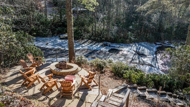 97 Twin Kettle Fls, Glenville, NC 28736 - view of patio featuring an outdoor fire pit and a forest view