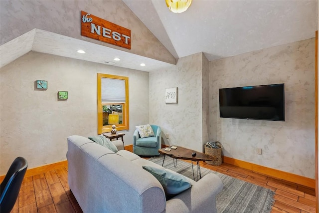 132 Azalea Ct, Sapphire, NC 28774 - living room with lofted ceiling, hardwood / wood-style floors, and recessed lighting