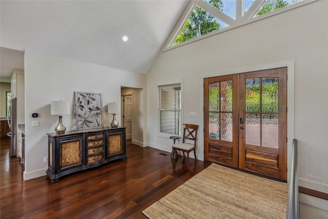 451 Country Club Dr, Highlands, NC 28741 - foyer featuring french doors, plenty of natural light, high vaulted ceiling, dark wood-style flooring, and recessed lighting