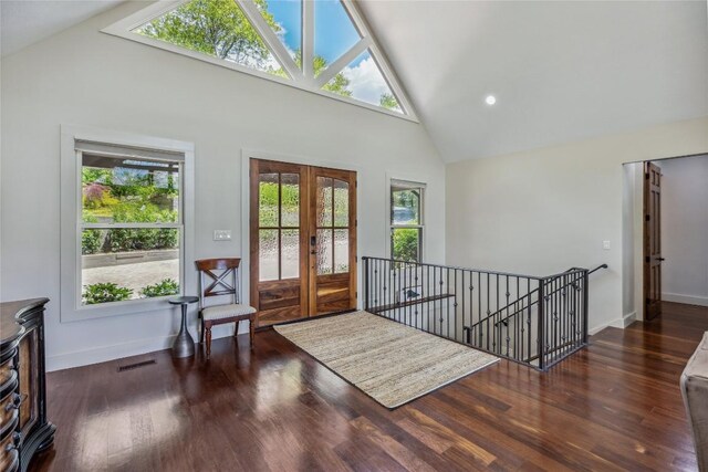 451 Country Club Dr, Highlands, NC 28741 - entrance foyer with high vaulted ceiling, french doors, and wood finished floors