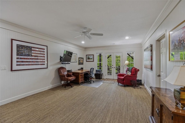 451 Country Club Dr, Highlands, NC 28741 - carpeted office space featuring french doors, crown molding, ceiling fan, and recessed lighting