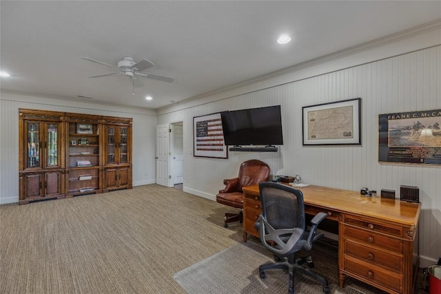 451 Country Club Dr, Highlands, NC 28741 - office featuring ornamental molding, carpet floors, ceiling fan, and recessed lighting