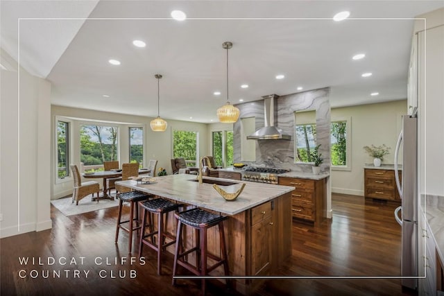 451 Country Club Dr, Highlands, NC 28741 - kitchen featuring wall chimney exhaust hood, healthy amount of natural light, recessed lighting, and dark wood-style flooring