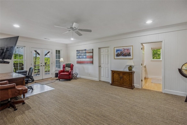 451 Country Club Dr, Highlands, NC 28741 - office with french doors, ceiling fan, carpet flooring, crown molding, and recessed lighting