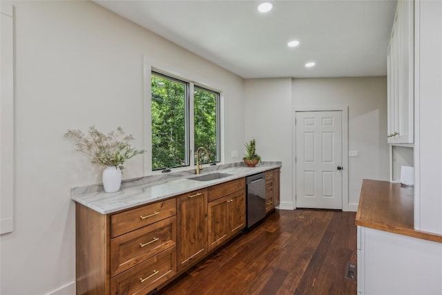 451 Country Club Dr, Highlands, NC 28741 - kitchen featuring dishwasher, dark wood-style flooring, brown cabinetry, recessed lighting, and light stone countertops