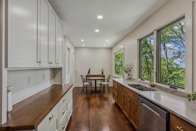 451 Country Club Dr, Highlands, NC 28741 - kitchen featuring dishwasher, dark wood-style floors, white cabinets, light stone countertops, and recessed lighting