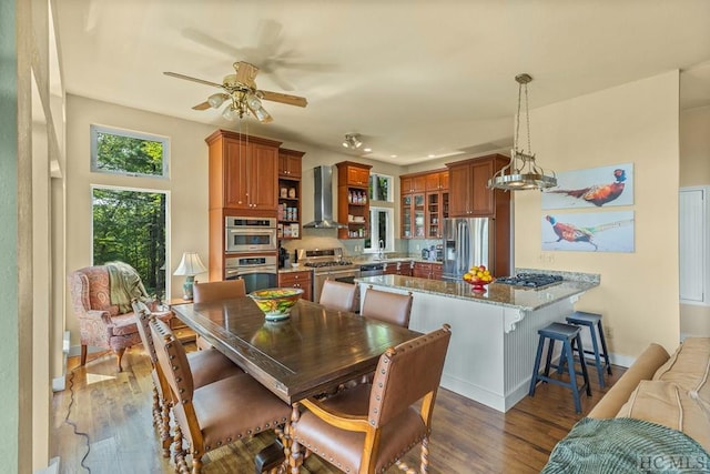 dining area featuring ceiling fan and dark hardwood / wood-style flooring