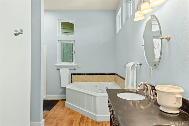 bathroom with a tub, vanity, and hardwood / wood-style floors