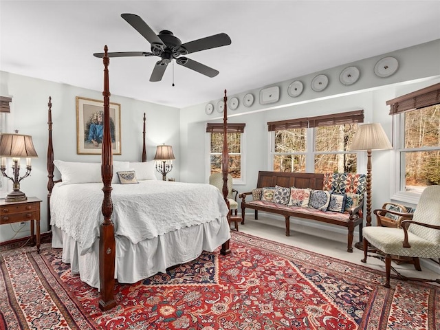 carpeted bedroom with ceiling fan