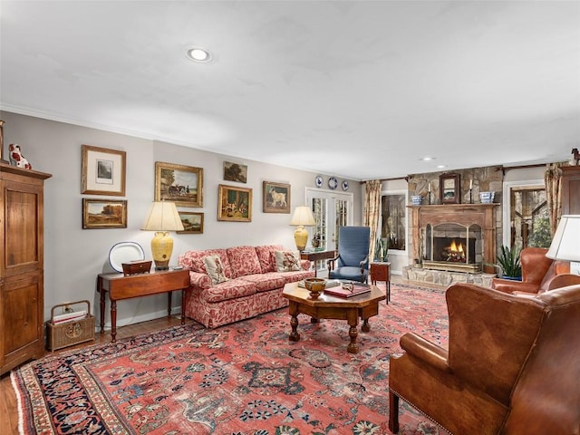 living room featuring ornamental molding, wood finished floors, a stone fireplace, and recessed lighting