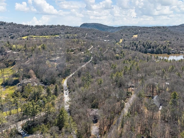 aerial view featuring a forest view and a mountain view