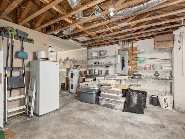 unfinished basement with water heater, electric panel, and freestanding refrigerator