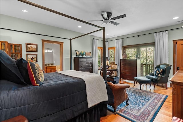 bedroom featuring access to outside, light wood-type flooring, recessed lighting, ensuite bathroom, and ceiling fan
