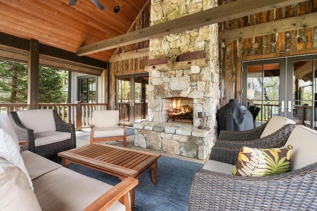 sunroom / solarium with french doors and lofted ceiling