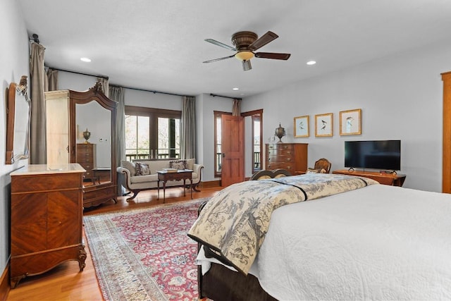 bedroom with light wood-style floors, recessed lighting, access to exterior, and ceiling fan