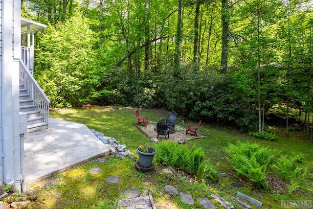 view of yard featuring a patio area and a fire pit