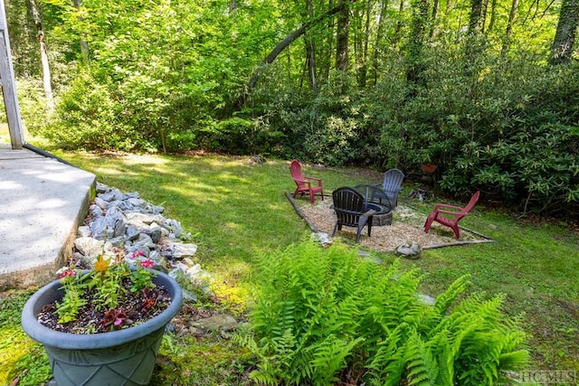 view of yard with a fire pit