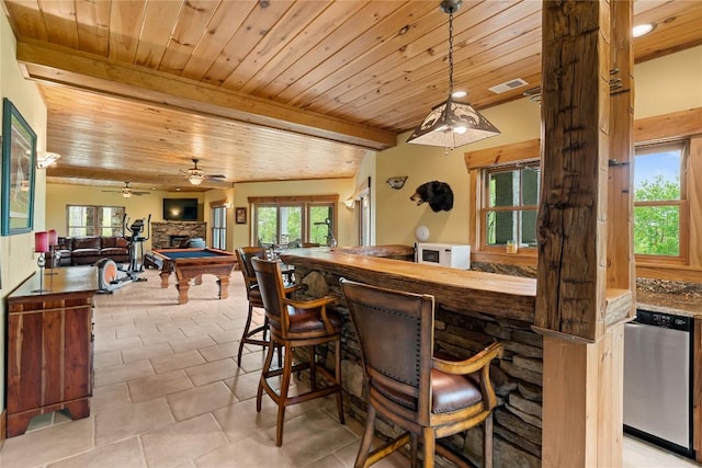 kitchen featuring stainless steel dishwasher, wooden ceiling, plenty of natural light, a fireplace, and light tile patterned floors