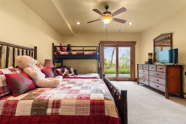 carpeted bedroom with access to outside, recessed lighting, and ceiling fan