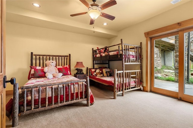 carpeted bedroom featuring access to exterior, multiple windows, recessed lighting, and ceiling fan