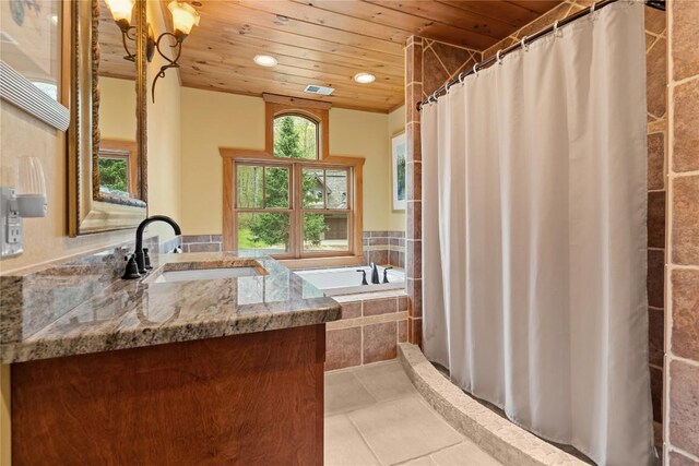 bathroom with wood ceiling, tile patterned flooring, recessed lighting, curtained shower, and vanity