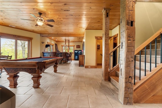 game room with wooden ceiling, billiards, a ceiling fan, baseboards, and light tile patterned flooring