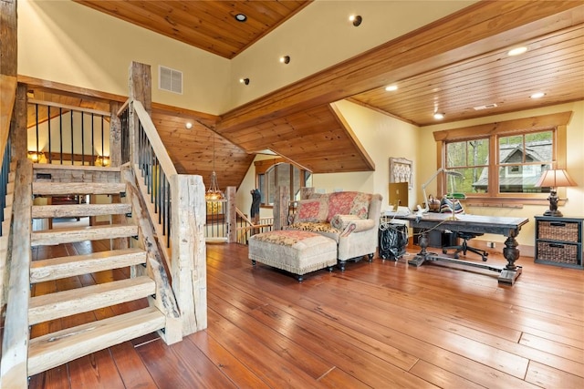 bedroom with wood ceiling, hardwood / wood-style flooring, and recessed lighting