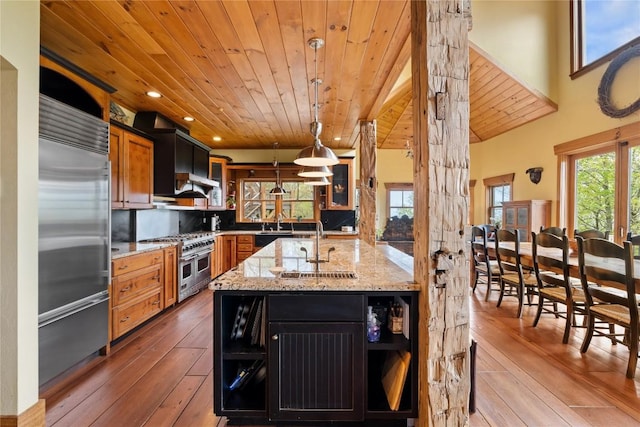 kitchen featuring premium appliances, a sink, wooden ceiling, hardwood / wood-style floors, and open shelves