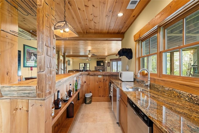 kitchen with wood ceiling, dishwasher, a sink, white microwave, and light tile patterned flooring