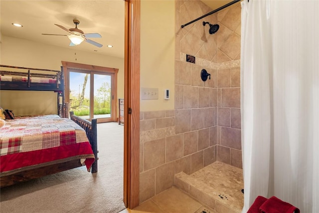 full bath with tiled shower, connected bathroom, ceiling fan, and recessed lighting