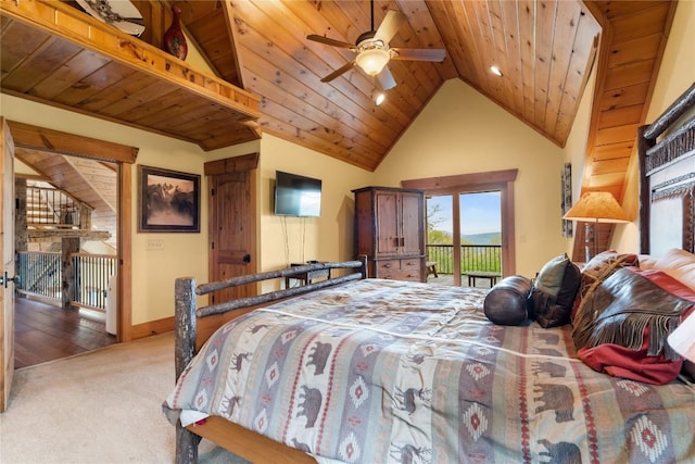 carpeted bedroom featuring access to outside, lofted ceiling, wood ceiling, and baseboards
