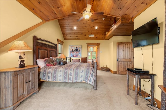 bedroom featuring light carpet, wood ceiling, vaulted ceiling, and baseboards