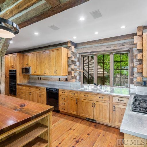 kitchen with sink, light hardwood / wood-style flooring, and black appliances