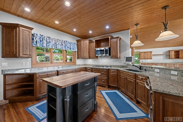 kitchen with wooden counters, a center island, hanging light fixtures, appliances with stainless steel finishes, and dark hardwood / wood-style floors