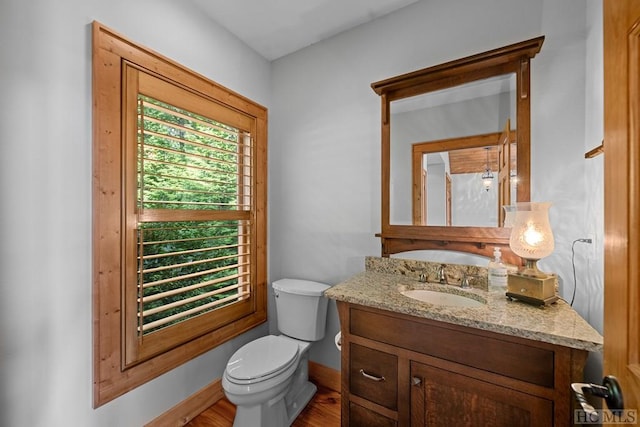 bathroom with vanity, toilet, and hardwood / wood-style floors