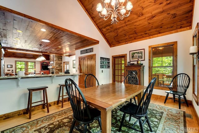 dining area featuring wood ceiling, plenty of natural light, a chandelier, and light hardwood / wood-style flooring