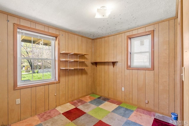 spare room featuring wood walls and a textured ceiling