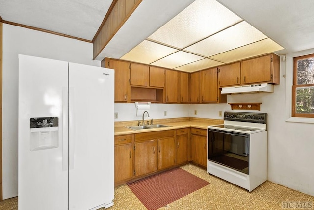 kitchen with white appliances, sink, and ornamental molding