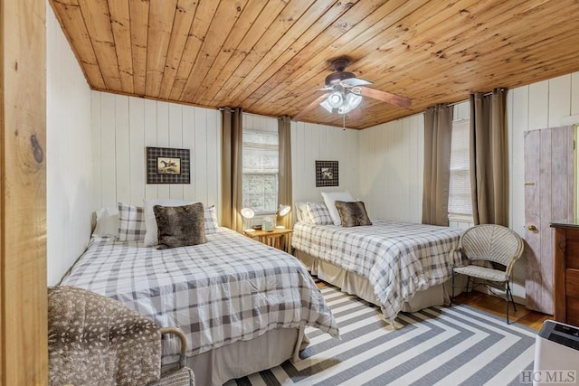 bedroom featuring wooden ceiling, wood-type flooring, wooden walls, and ceiling fan